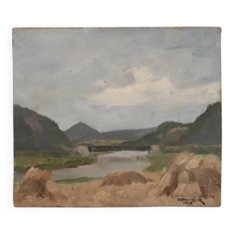 Landscape oil painting on hardboard by O. Couvreur, 1946
