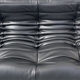 French Togo living room set in black leather by Michel Ducaroy for Ligne Roset, set of 3