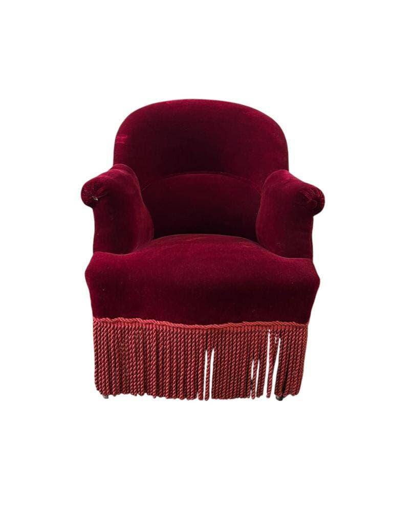 Vintage burgundy armchair / single armchair / fringed armchair