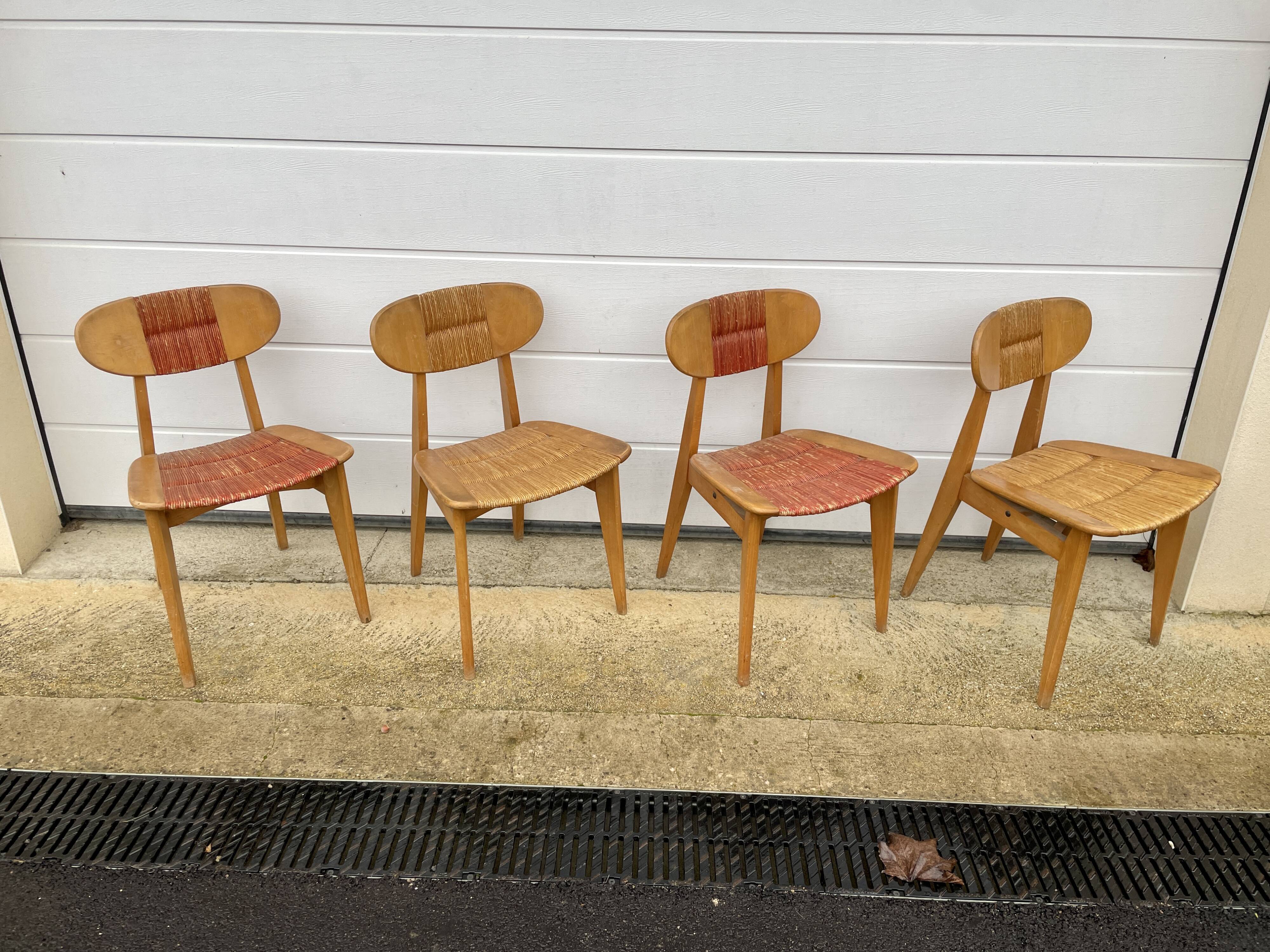 Série de 4 chaises paillées 1950 Roger landault  éditeur robert sentou