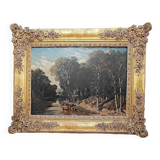 Très beau tableau Sabatier décrivant une scène avec des boeufs buvant à la rivière sur fond de Forêt