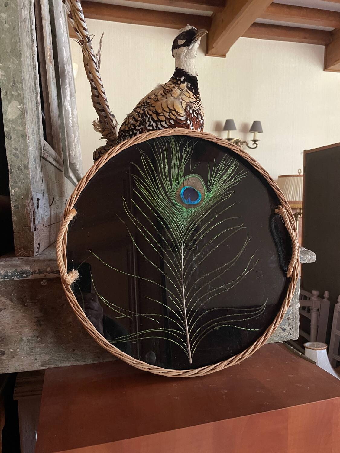 Vintage rattan tray with peacock feather
