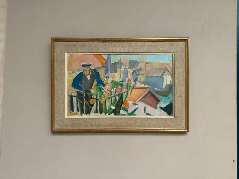 Swedish Original Oil on Canvas – "Figure Near a Flower Fence" by Carl Gunne – Signed – Vintage and Framed – 69.5 × 48 cm (27.4" × 18.9")