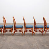 Bohemian bamboo mcguire dining table set with 6 palm leaf chairs, 1960 france.