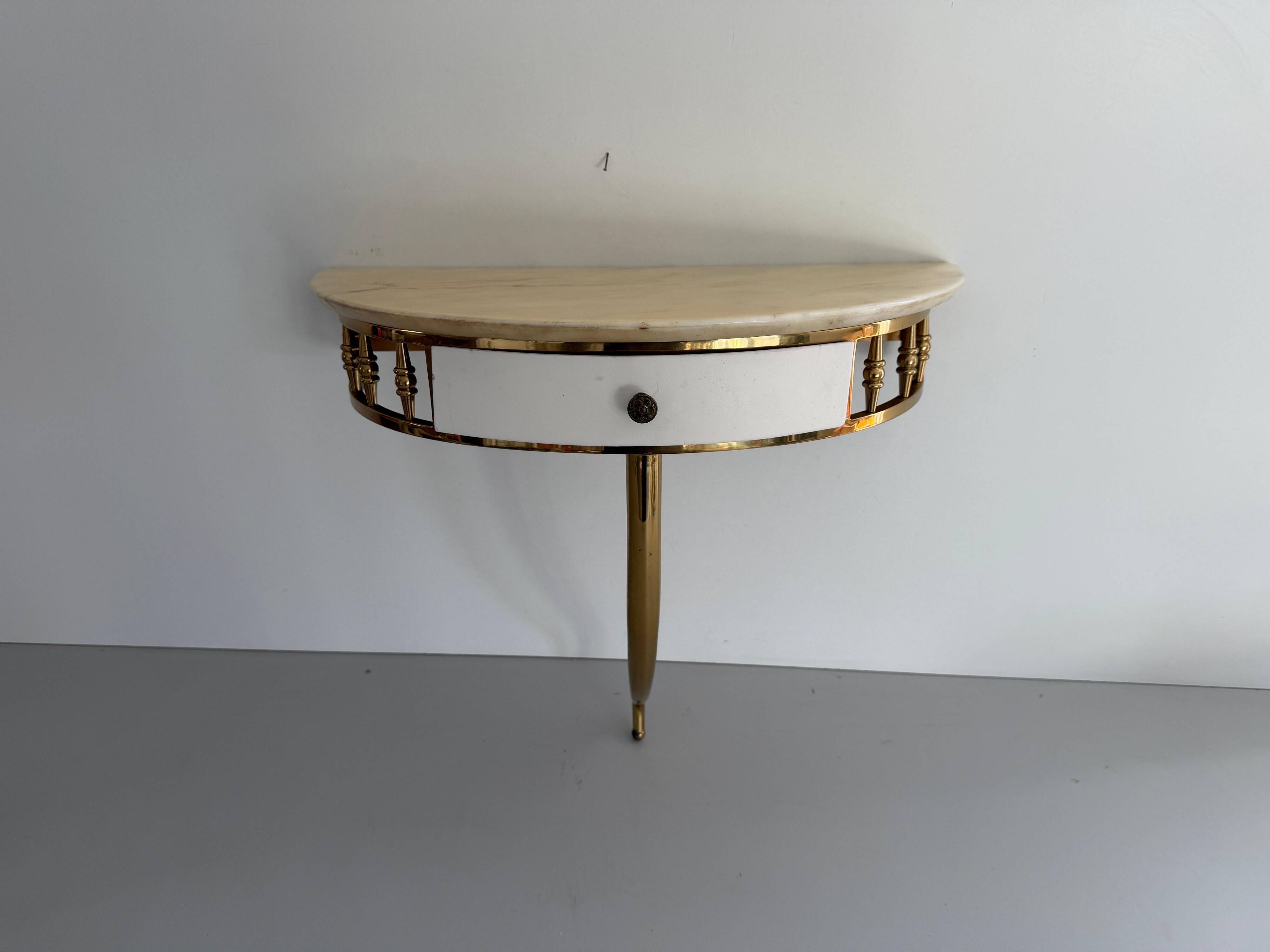 Floating wall console with drawer, brass body and marble top, 1960s, Italy