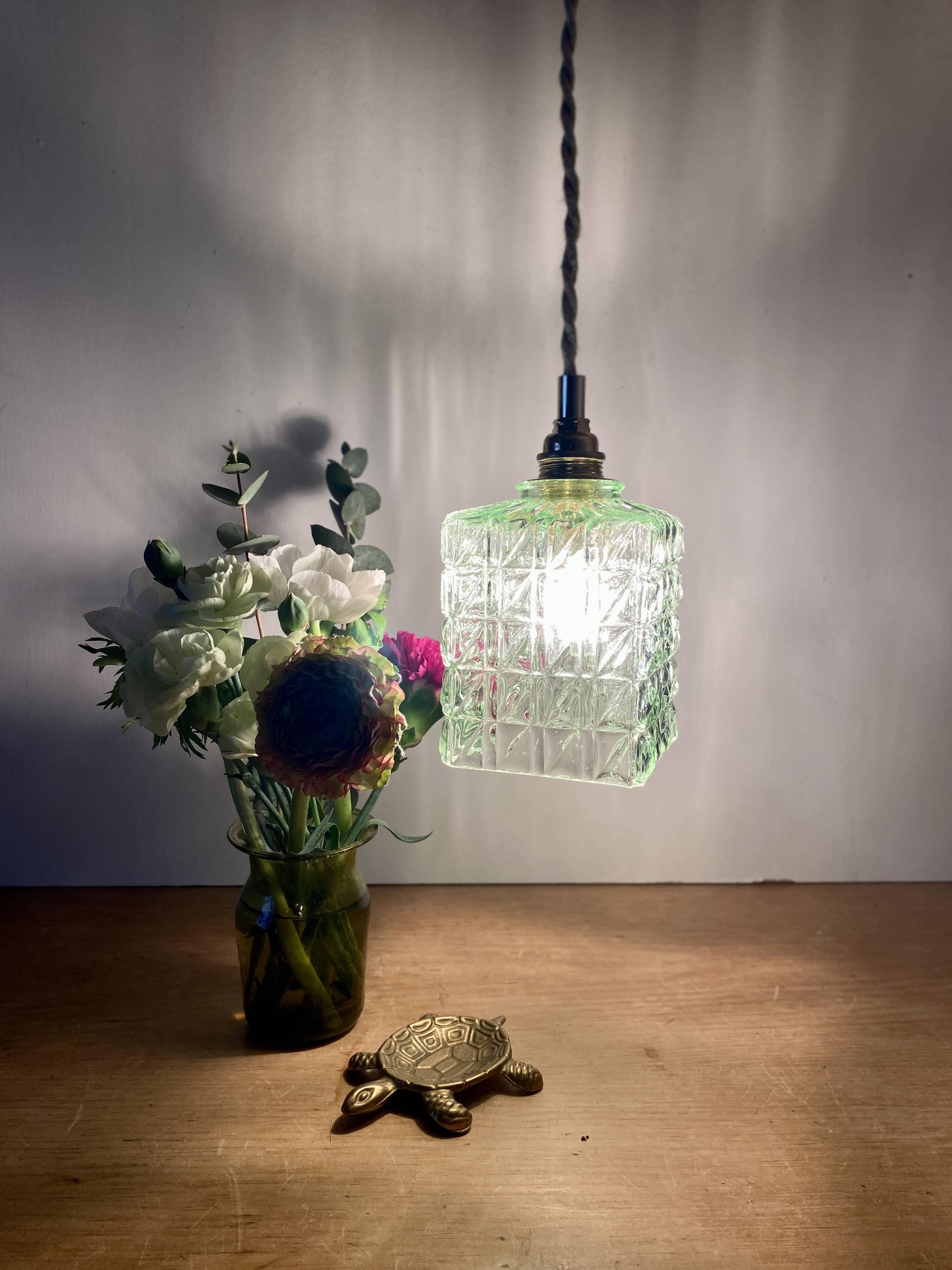 Vintage globe pendant light in green molded glass