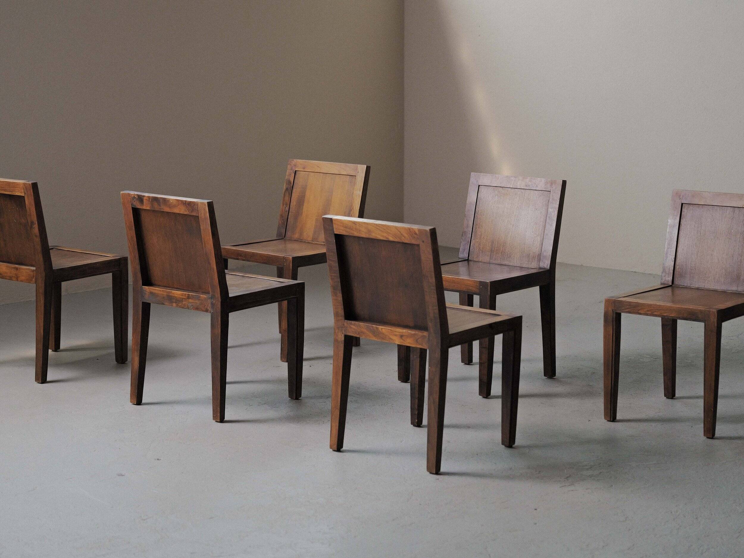 Set of 6 handcrafted oak chairs, France, circa 1970.