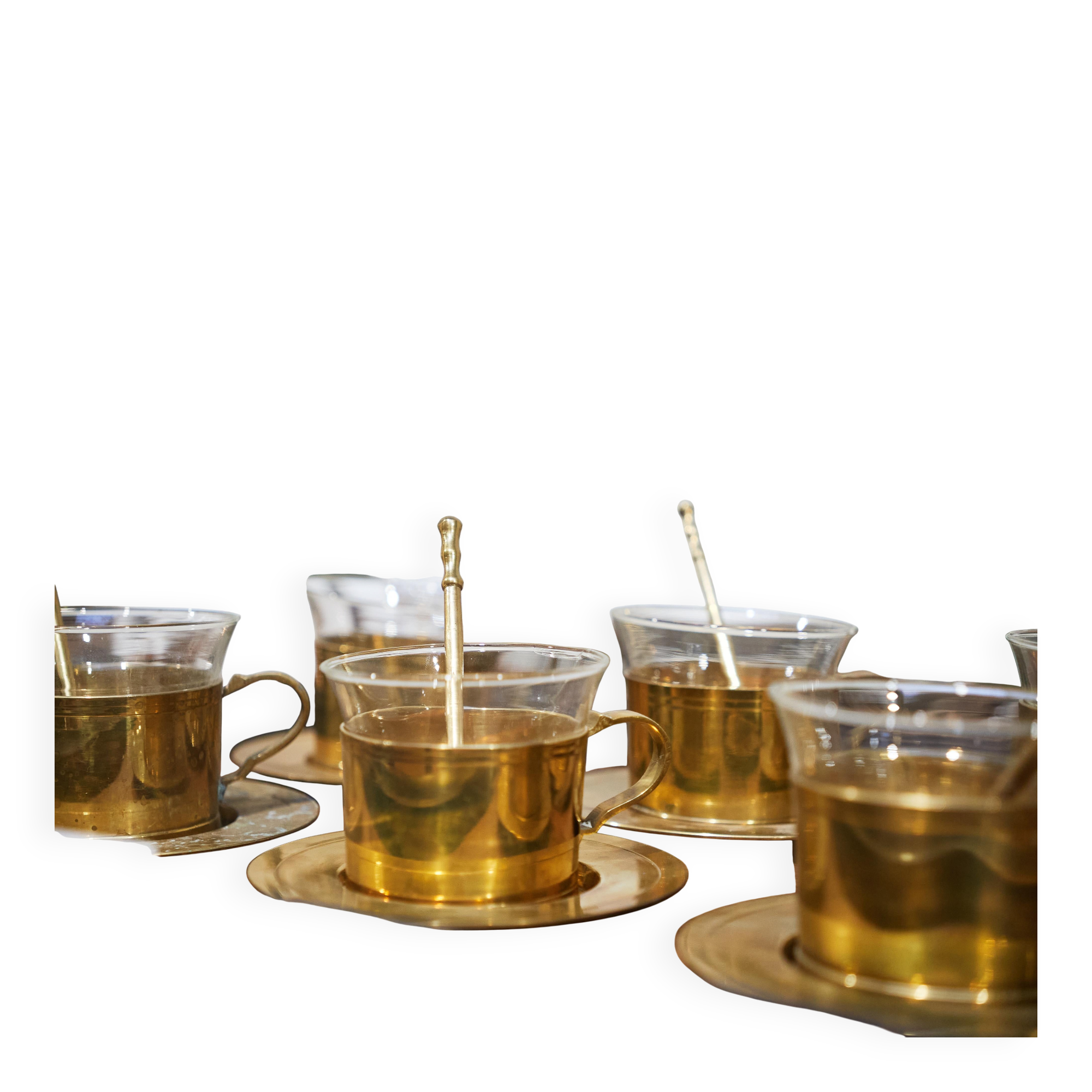 Mid-century tea service in patinated brass and glass