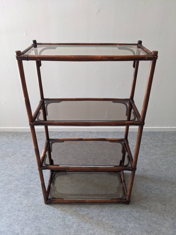 Etagère en bambou teinté et verre fumé, France vers 1970