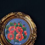 Still life in Tondo oil on panel of a bouquet of poppies signed