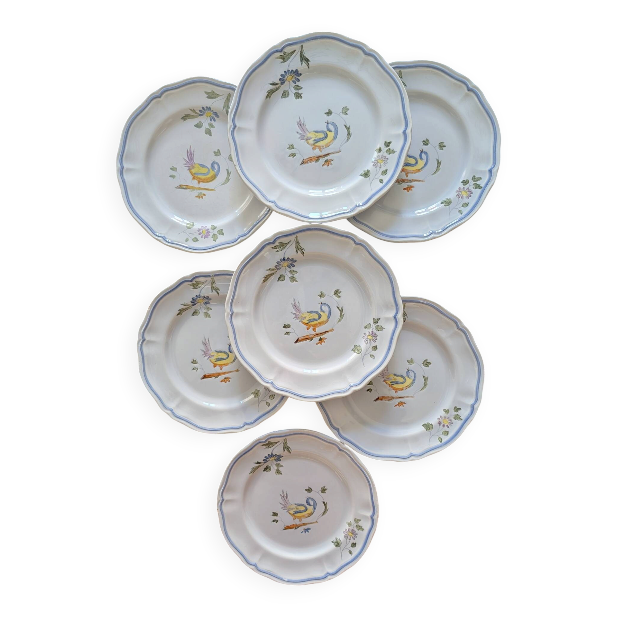 7 hand-painted earthenware dessert plates – France, 1950s