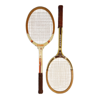 Set of 2 vintage wooden tennis rackets dunlop and la hutte - 69 cm