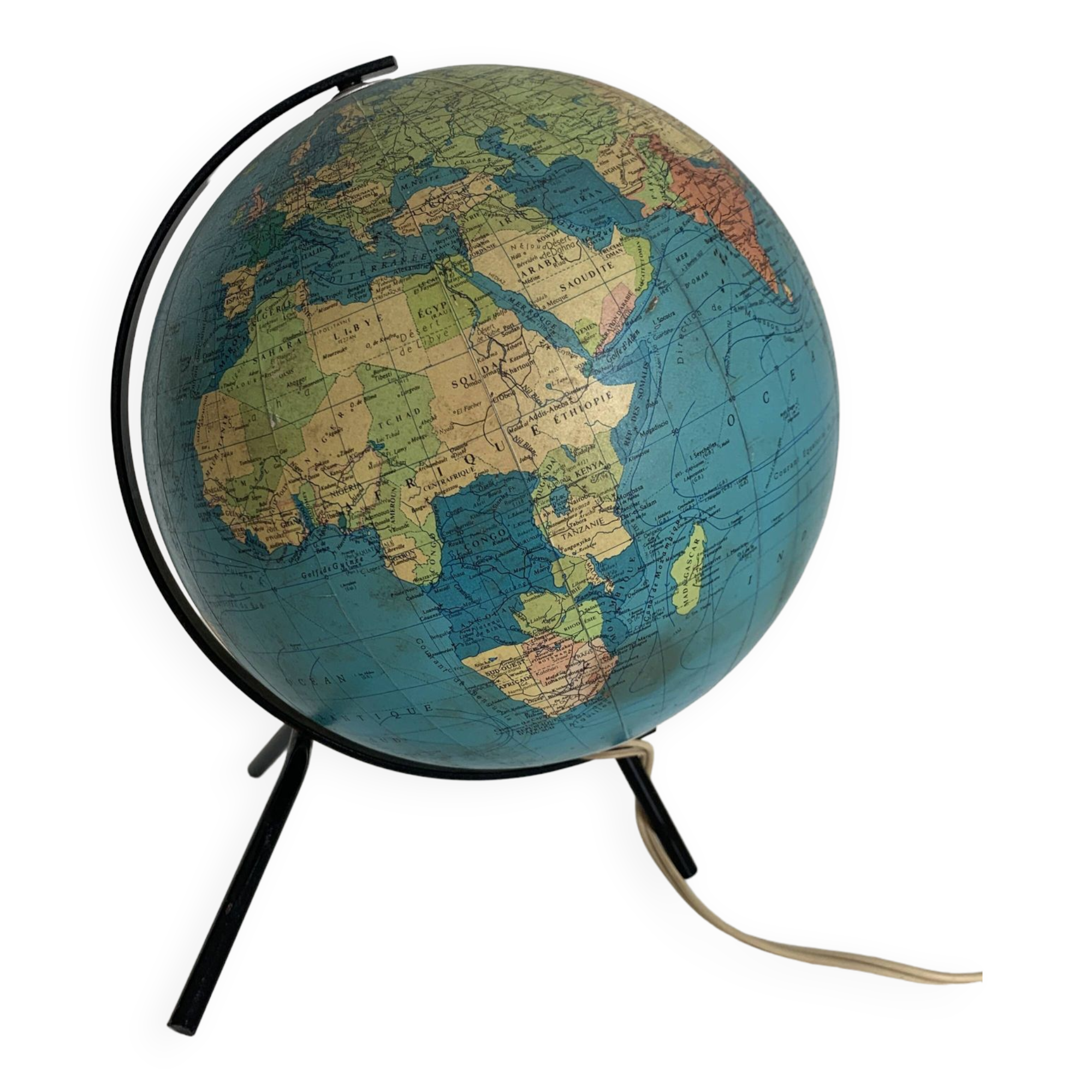 Globe vintage 1967 terrestre tripode Taride verre - 29 cm
