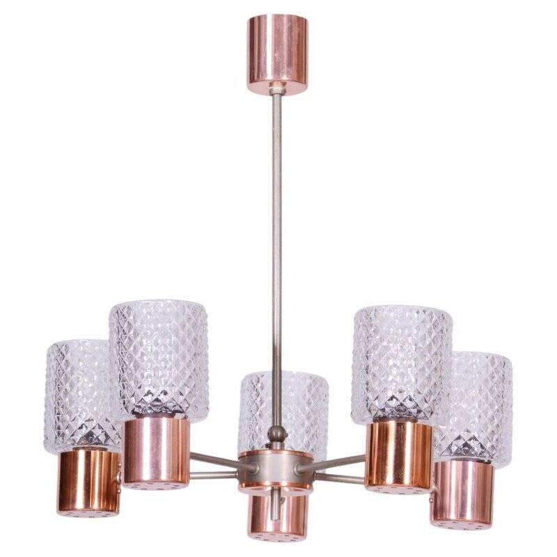 Mid-Century Chandelier in Chrome, Steel, Copper, and Glass, Czech, 1960s