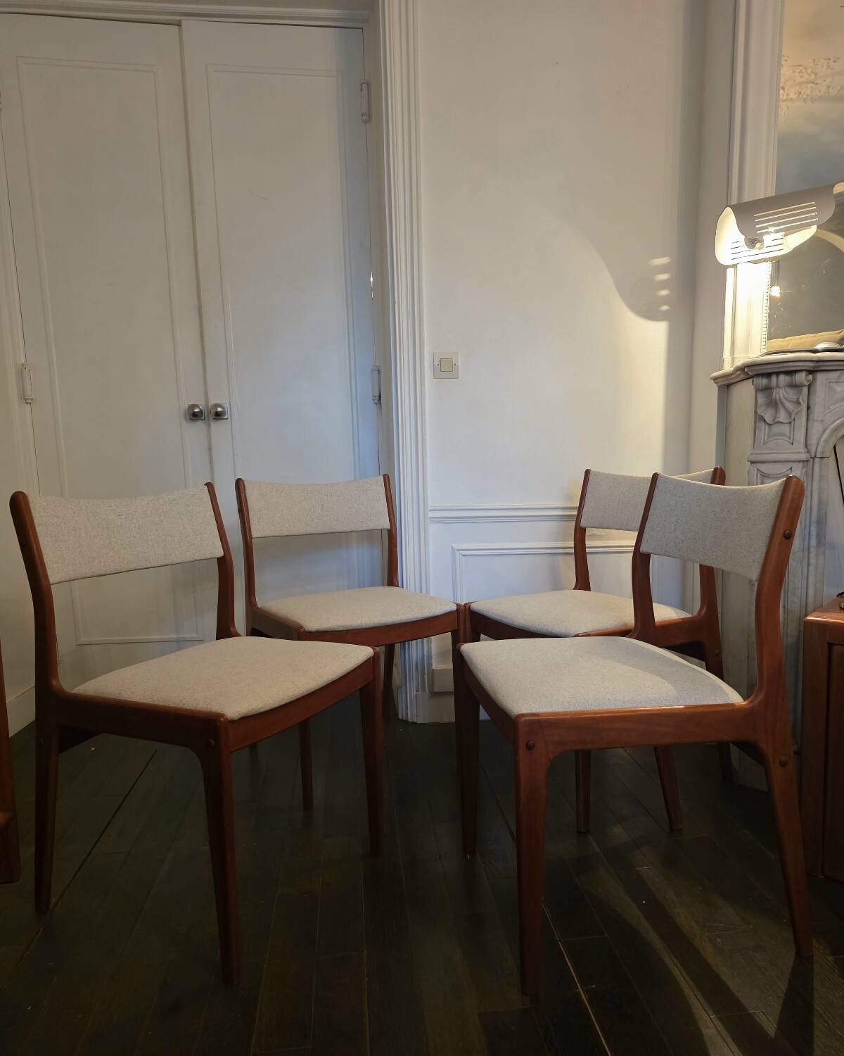 Set of 4 vintage teak and beige tweed chairs by Johannes Anderse
