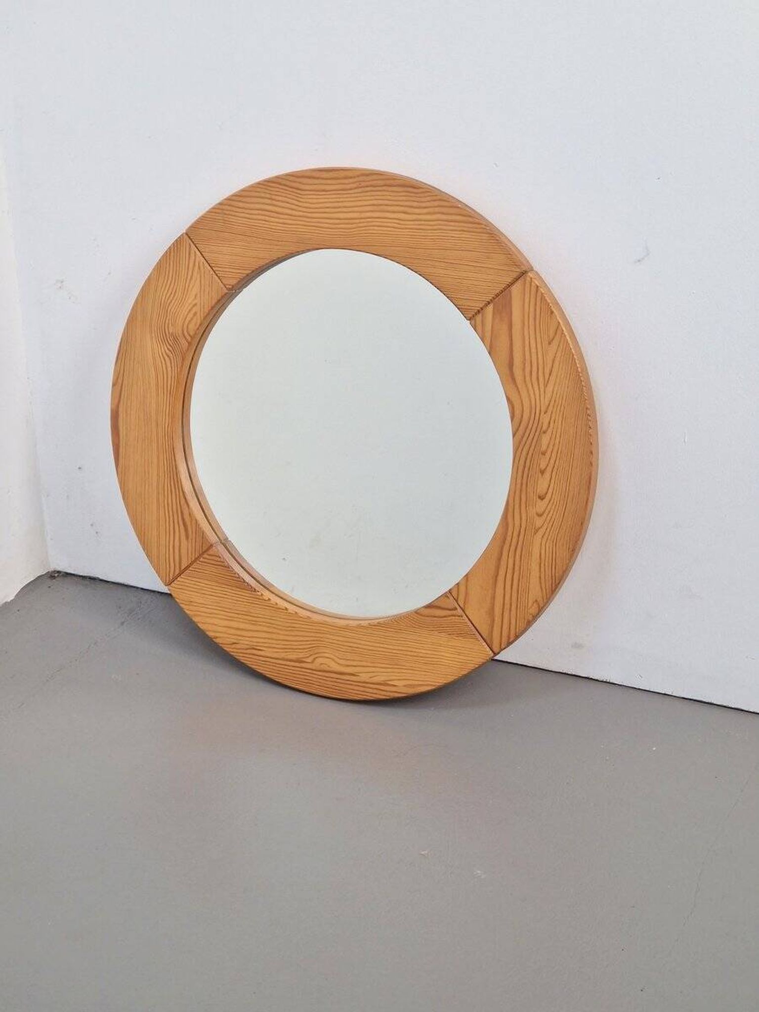 Vintage Scandinavian Round Pine Mirror, 1970s