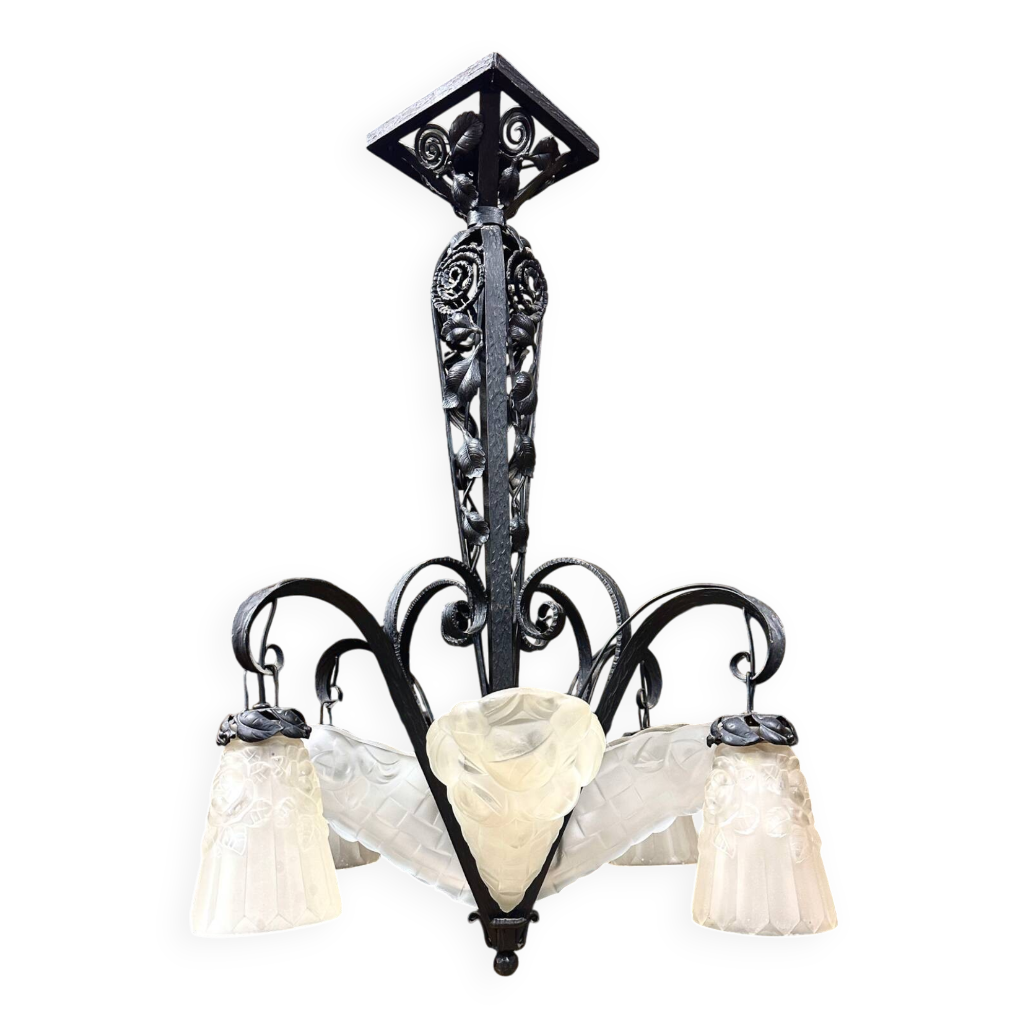 Degué - art deco period molded glass and wrought iron chandelier