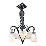 Degué - art deco period molded glass and wrought iron chandelier