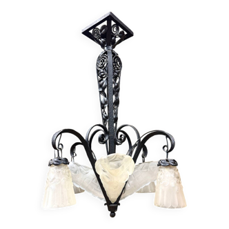 Degué - art deco period molded glass and wrought iron chandelier