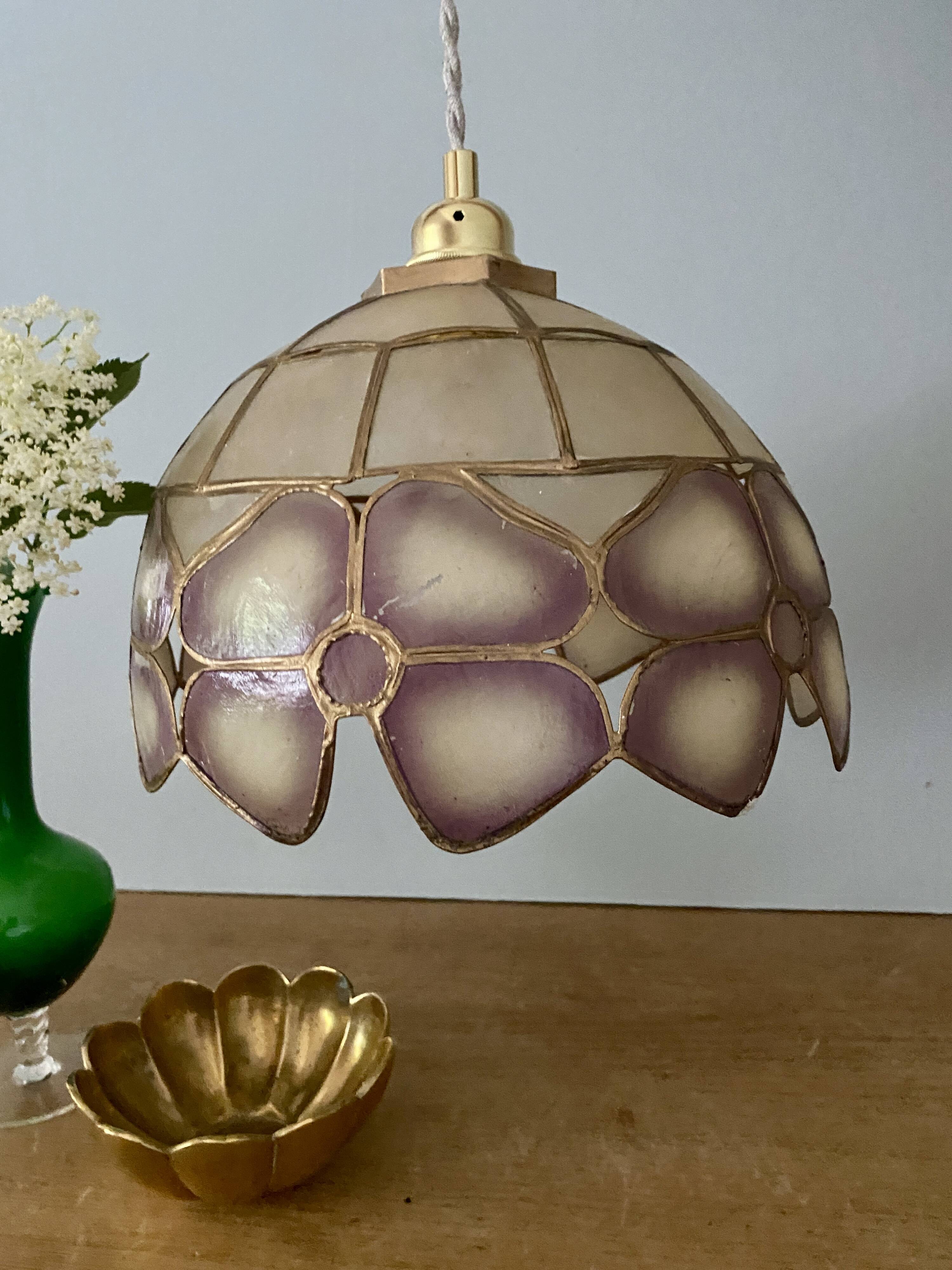 Vintage mother-of-pearl and brass lampshade pendant light