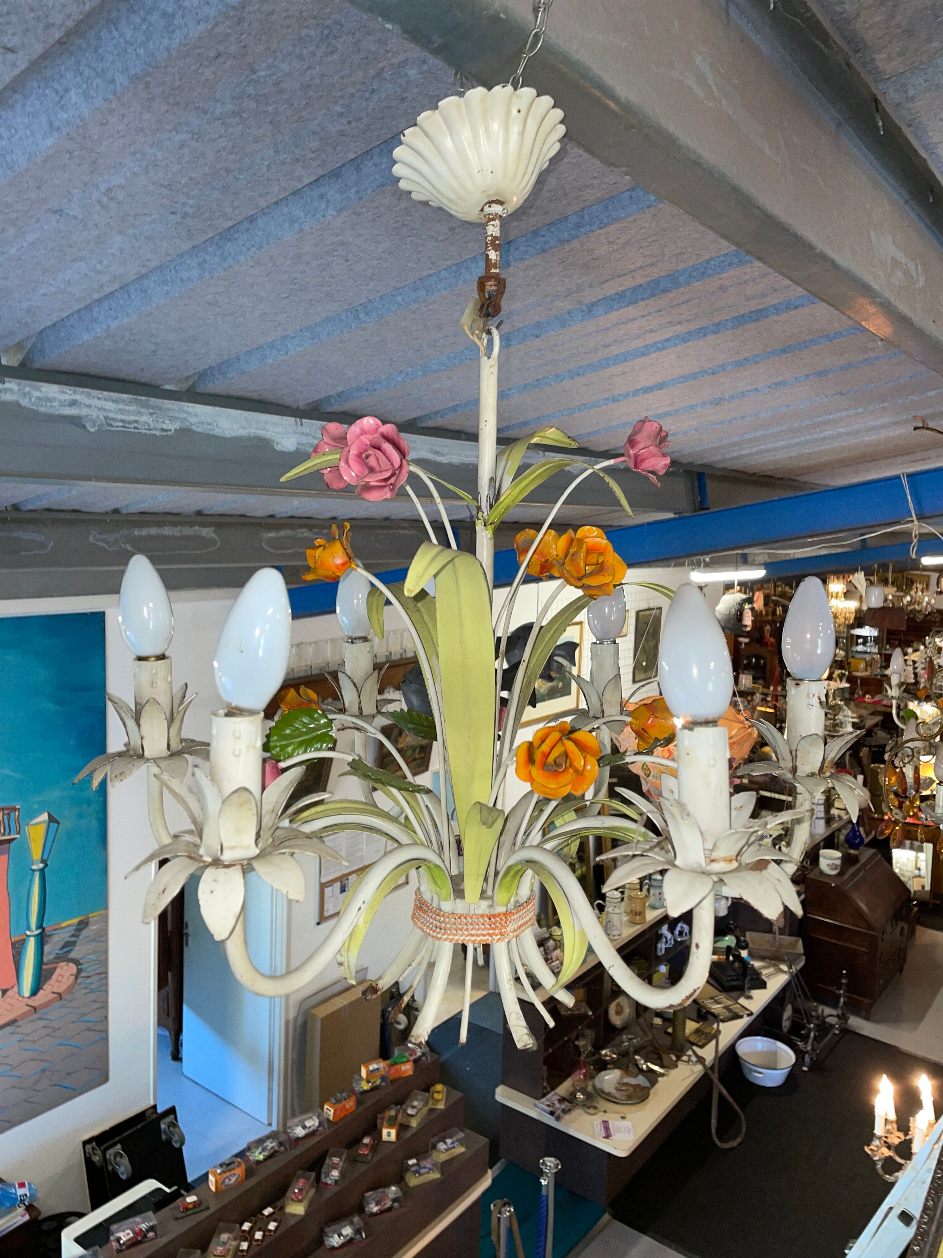 Flower painted metal chandelier