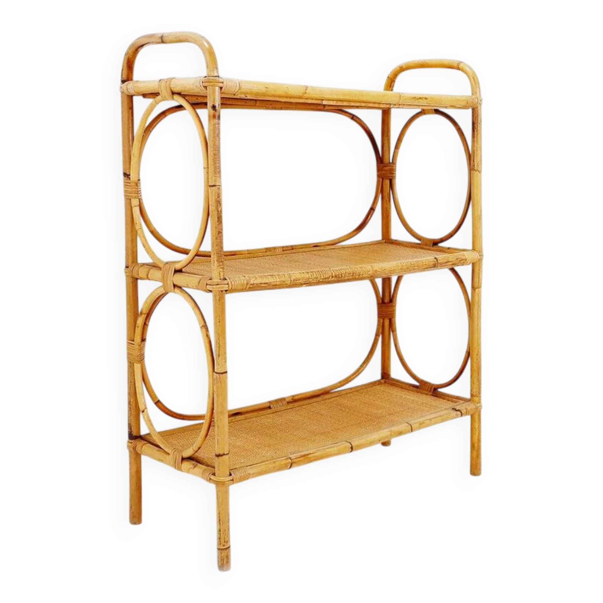 Vintage three-tier rattan shelf in bohemian style - 1960s
