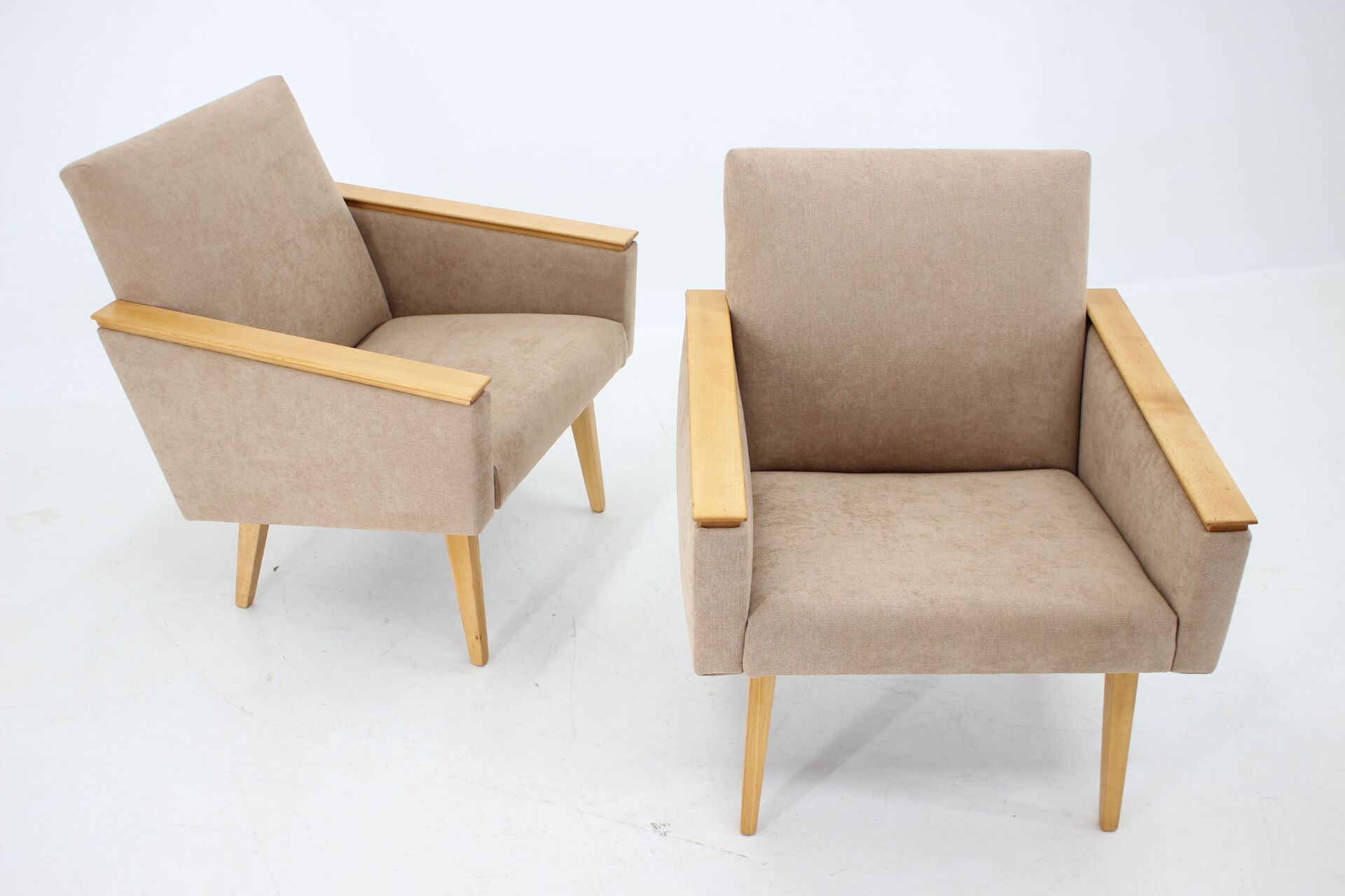 Pair of minimalist mid-century armchairs, czechoslovakia