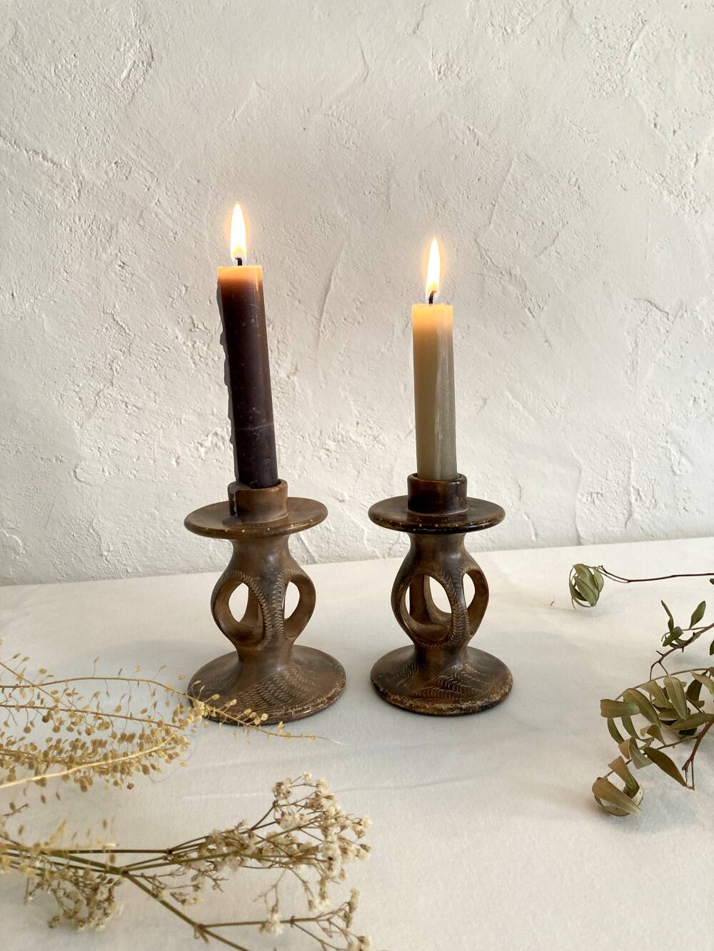 Pair of soapstone candlesticks, Kenya