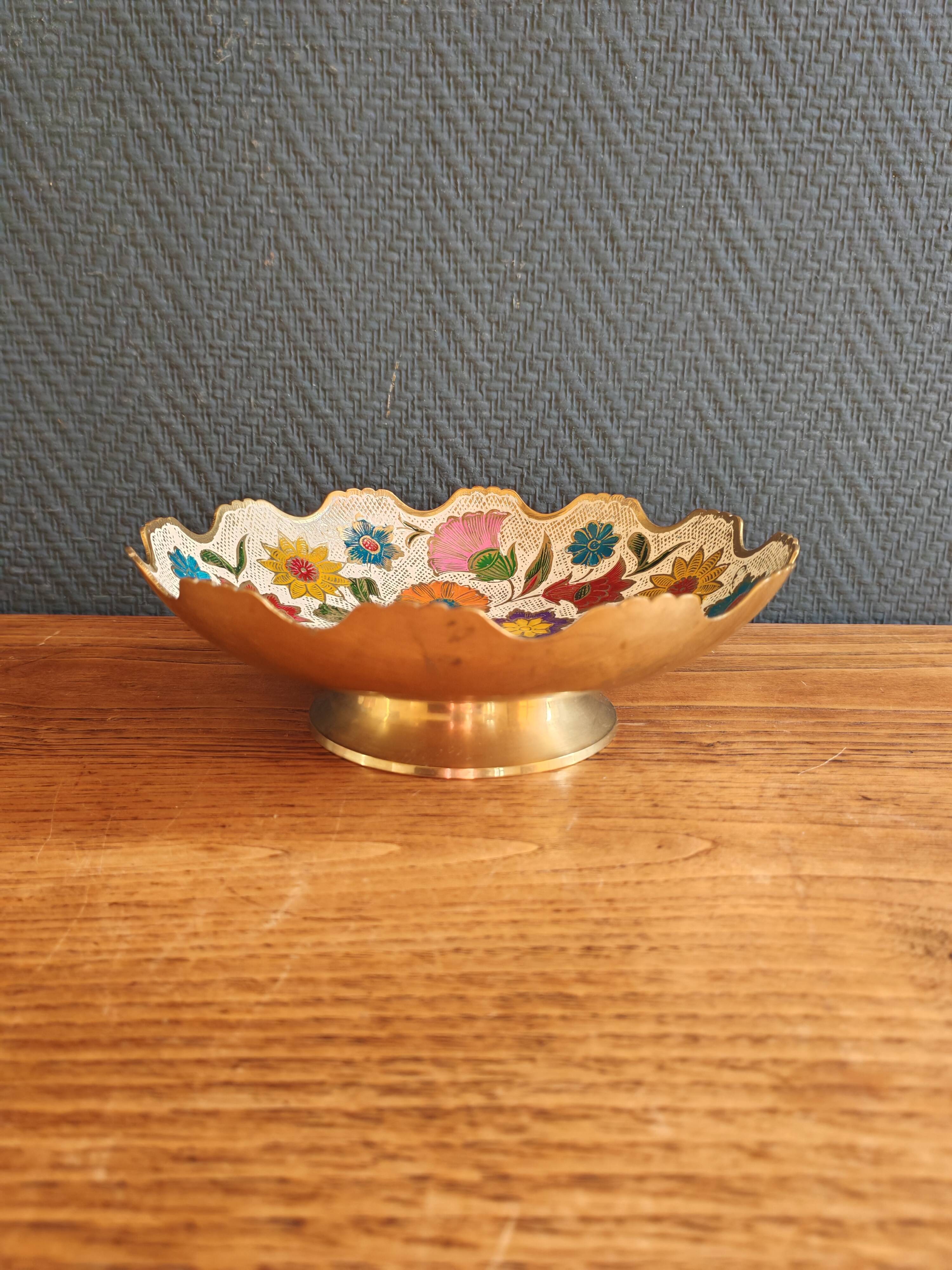 Vintage Enamelled Brass Fruit Bowl – Floral Centrepiece with Edge Fe