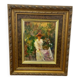 Portrait d'une jeune femme, peinture à l'huile du XXe siècle