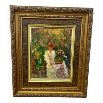 Portrait d'une jeune femme, peinture à l'huile du XXe siècle