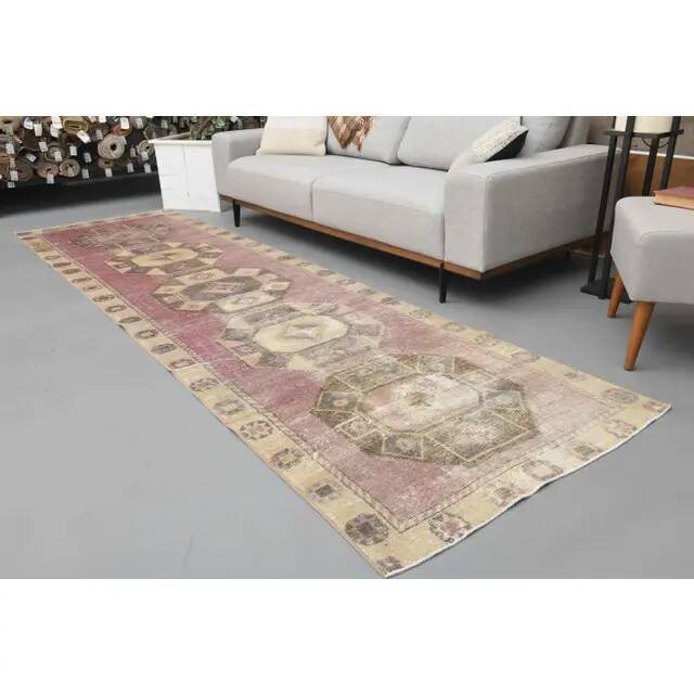 1970s Turkish Hand-Knotted Wool Cotton Pink Runner Rug 104x361