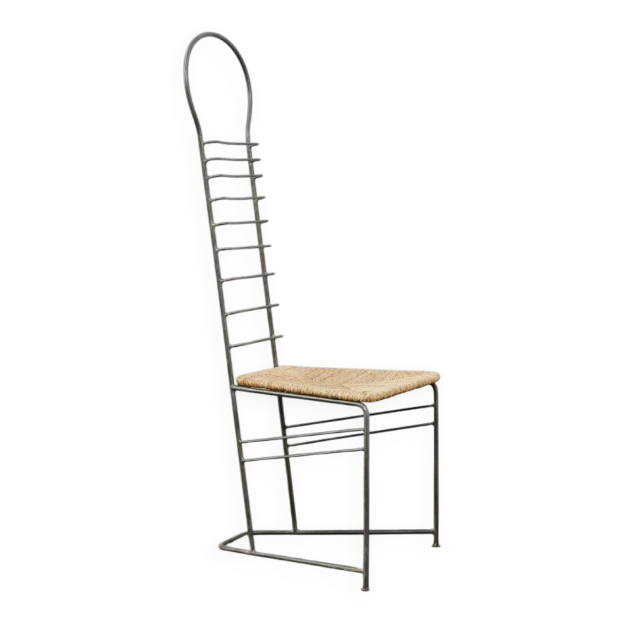 Chaise sculpturale vintage en acier et paille