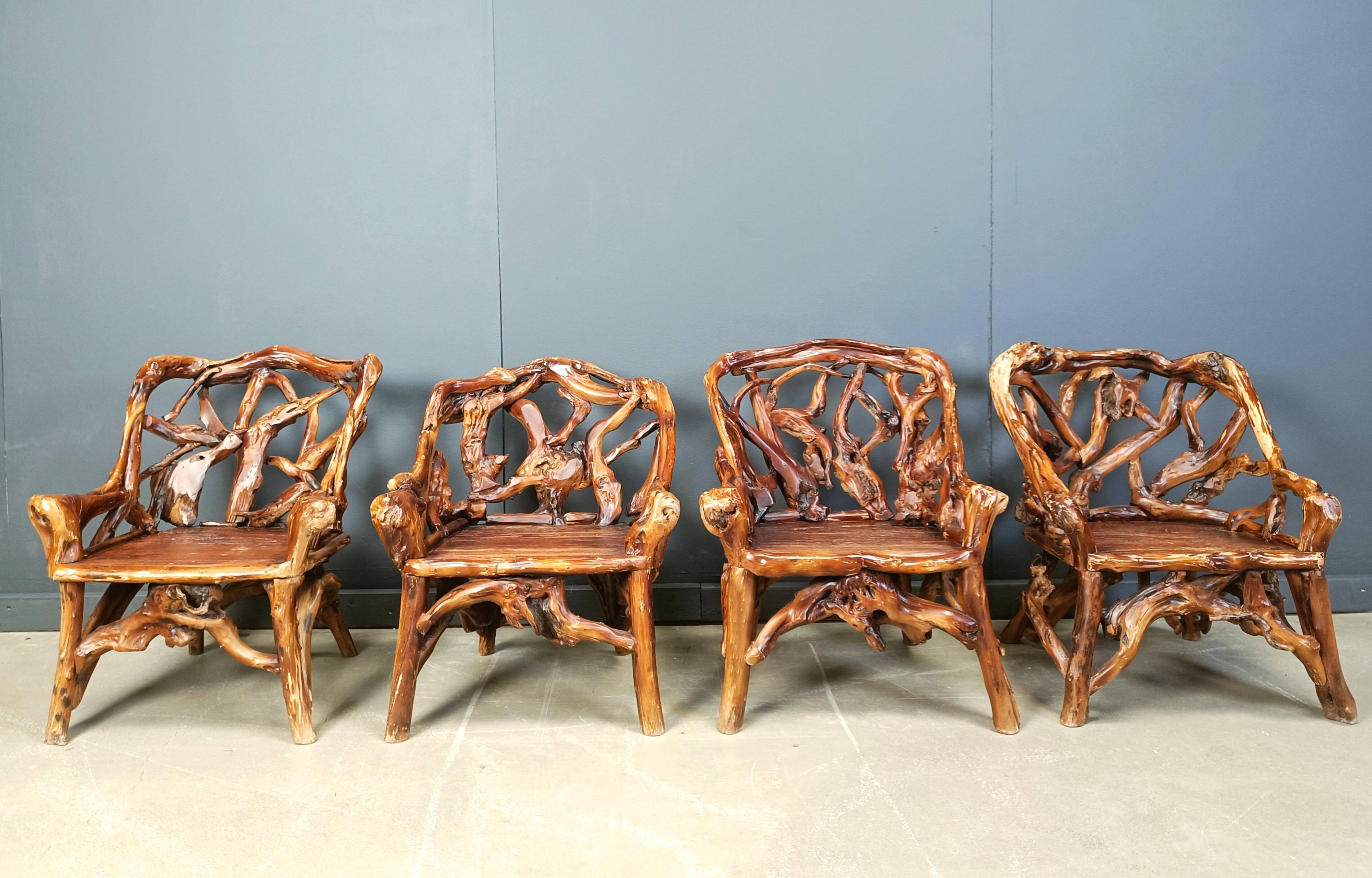 Rustic wood and knotted root armchairs, set of 4 - 1960s