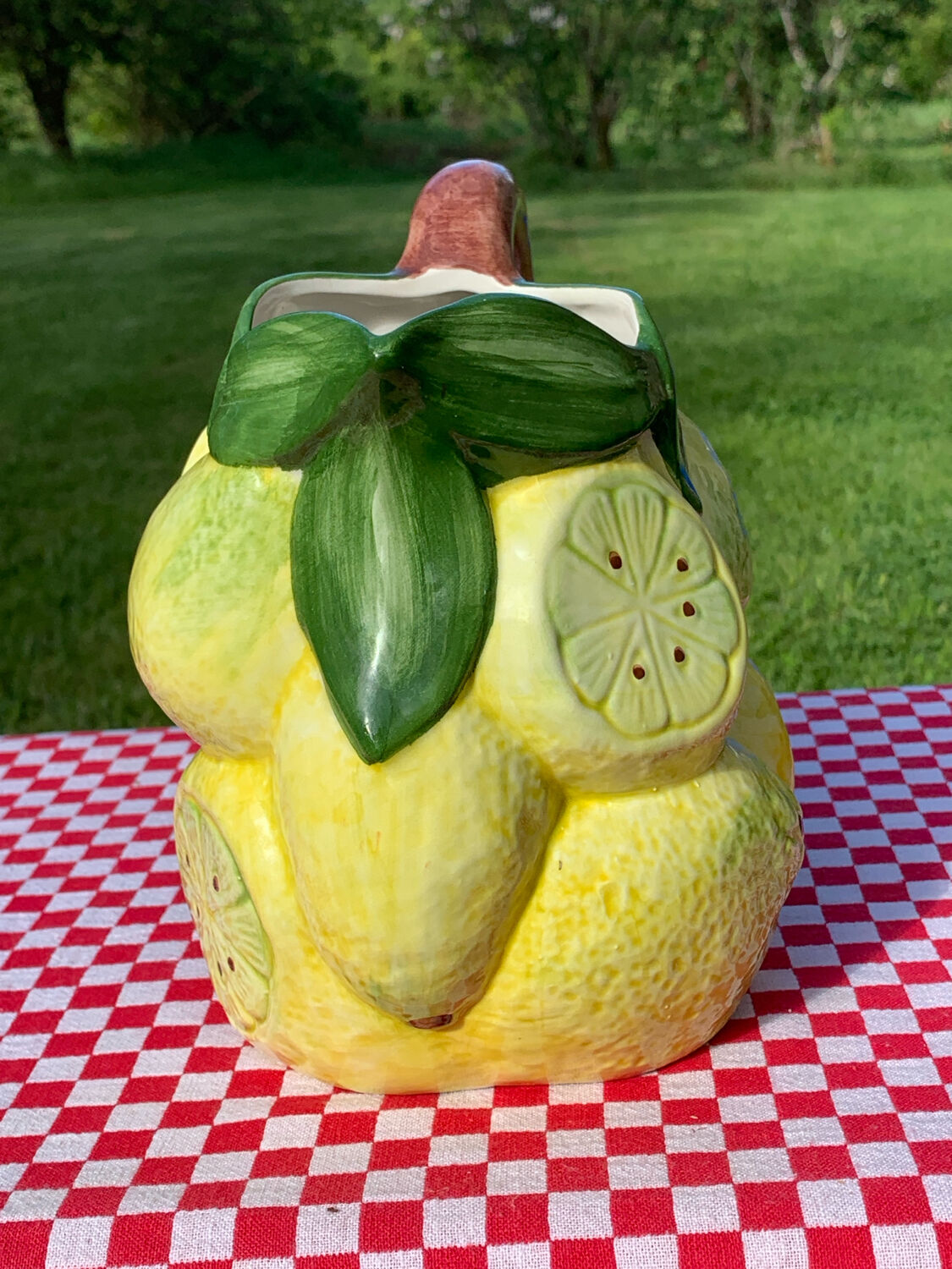 Hand-painted lemon barbotine pitcher vintage Italy