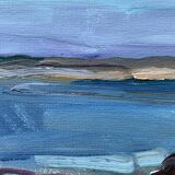 Vintage Swedish Modernists Oil Painting Blue Seascape by G.B. Mid 20th century