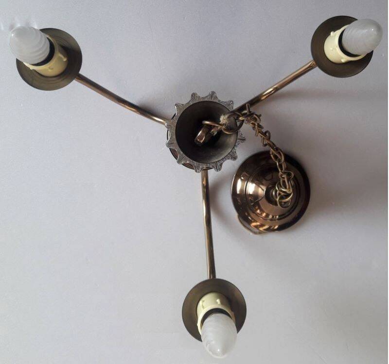 Chandelier 1950, 1960 3 lights gold metal and glass