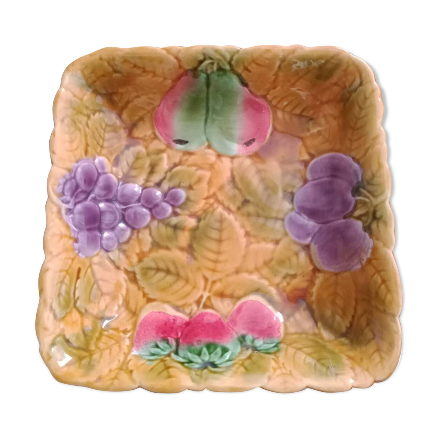 Square barbotine dish from Sarreguemines