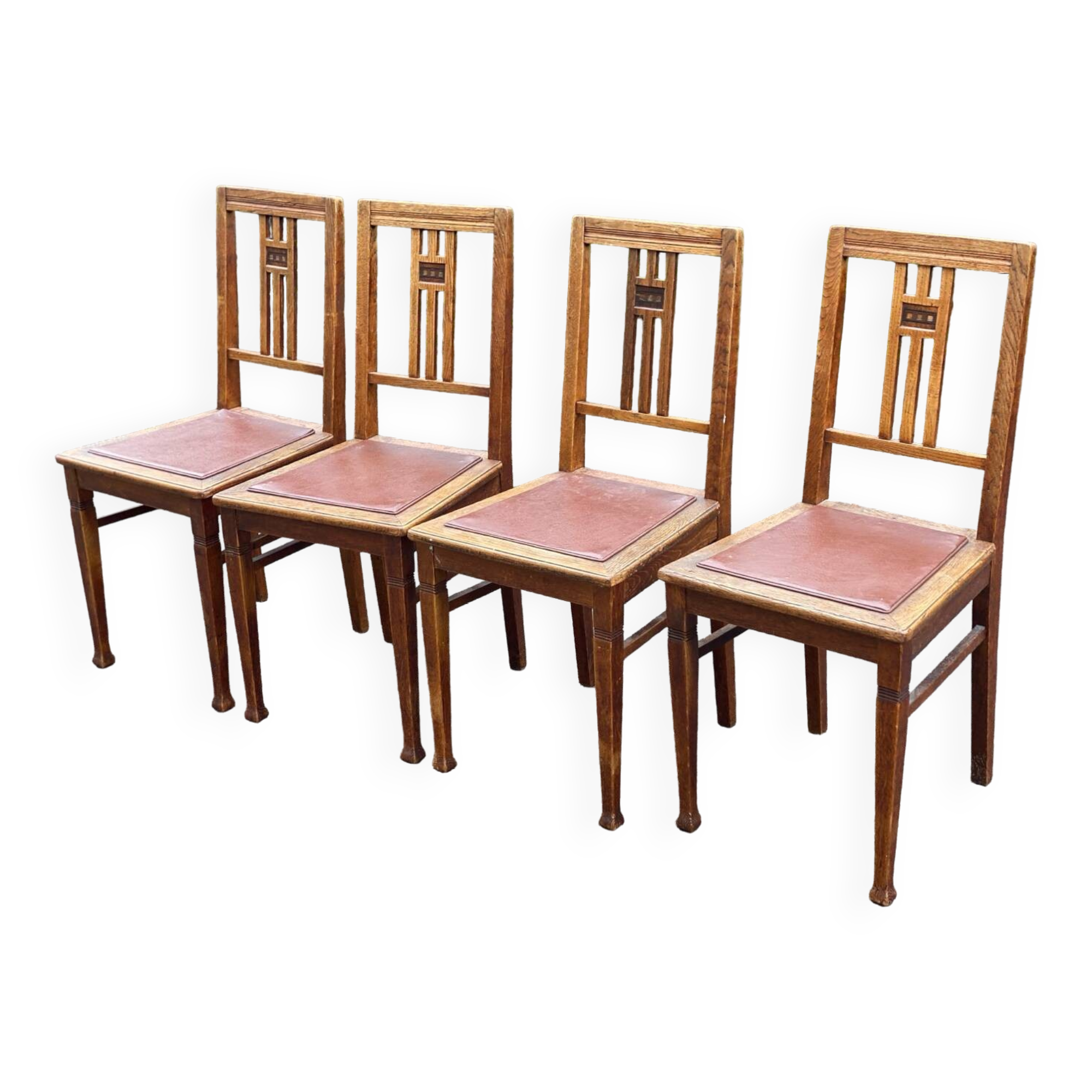 4 art deco dining chairs in solid wood and burgundy leather