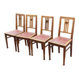 4 art deco dining chairs in solid wood and burgundy leather