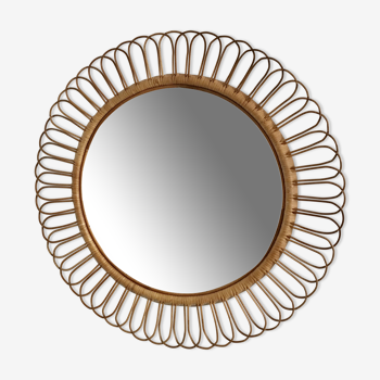 Miroir  rond en rotin vintage diam 60 cm années 1960