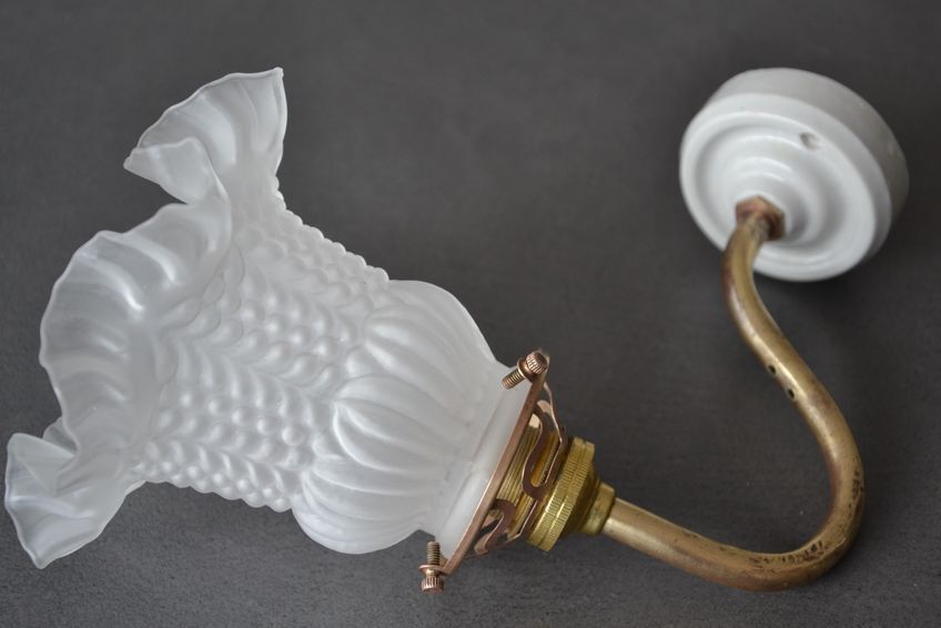 Wall lamp with glass tulip lampshade, brass swan collar holder and porcelain