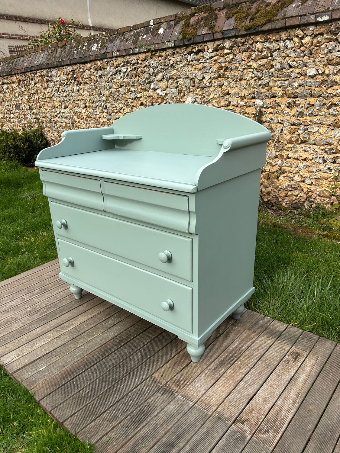 Vintage 4-drawer chest in sage green pine.