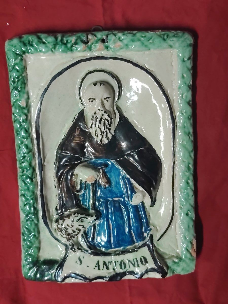 Plaque de dévotion en terre cuite Abbé Saint Antoine, XIX siècle
