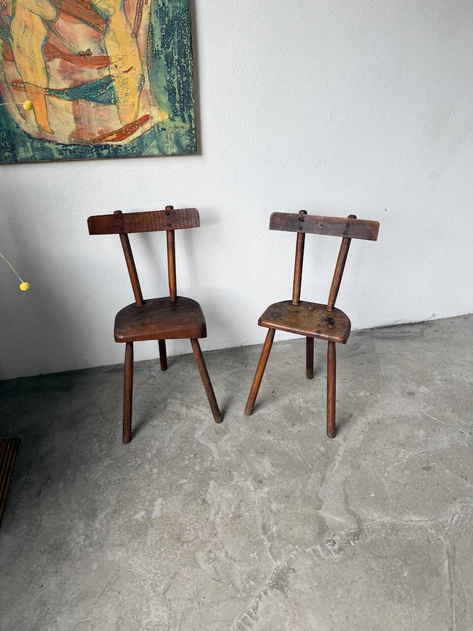 Pair of Savoyard tripod chairs, folk art, oak.