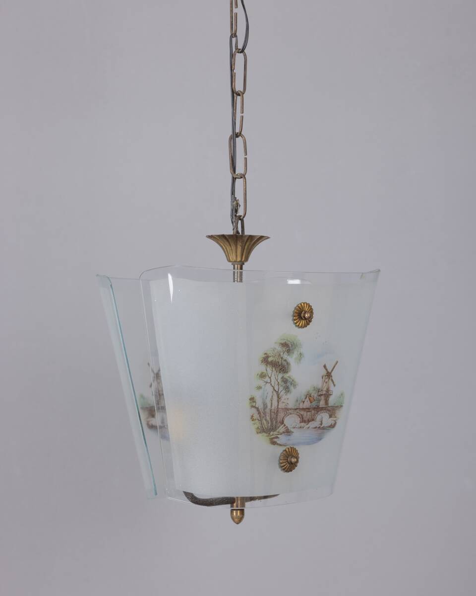 Vintage 1950s chandelier in decorated glass, italian design
