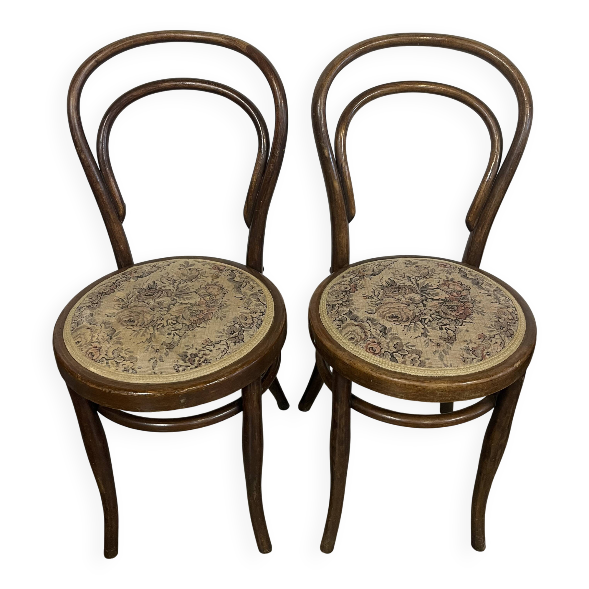 Pair of vintage bistro chairs – bentwood – floral upholstered seat