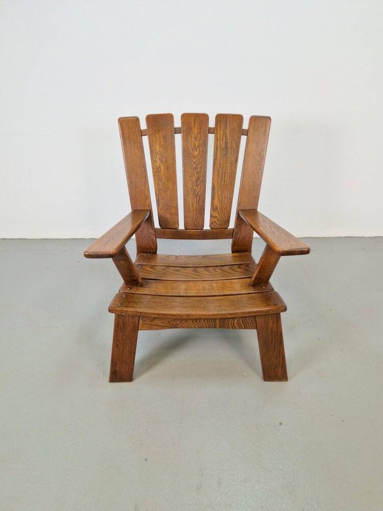 Fauteuil en bois brutaliste avec revêtement en cuir marron, Allemagne, années 1960.