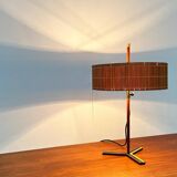 Minimalist tripod table lamp in teak, mid-century German style by Kaiser Leuchten, 1960s.