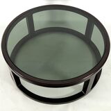 Italian Vintage Large Round coffee table in wood and fume glass. 1970s